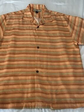 Gorgeous Tommy Bahama Embossed Silk Peach Striped Camp Shirt
